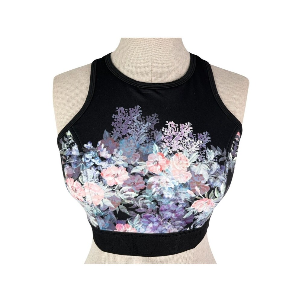 Alala Longline Sports Bra sz XS * Black w/ Purple Floral Print Yoga Gym Lounge